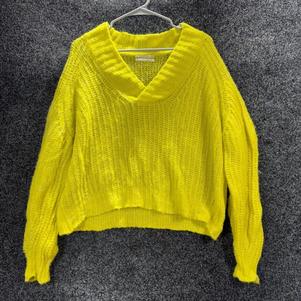 Anthropologie Neon Yellow Chunky Knit V-Neck Sweater Womens Med Ribbed Pullover‎